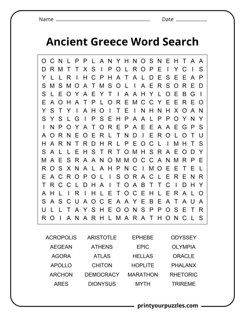 Hard Ancient Greece word search with large grid and terms like Athens, Acropolis, mythology, and democracy.
