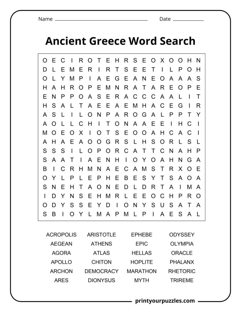 Medium Ancient Greece word search puzzle with grid and words like Olympia, oracle, hoplite, and Odyssey.