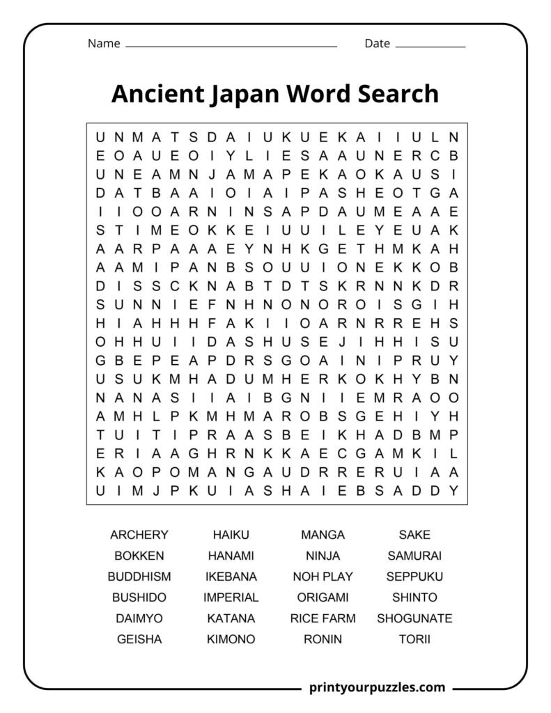 Hard Ancient Japan word search with large grid and terms like samurai, shogunate, kimono, and bushido.