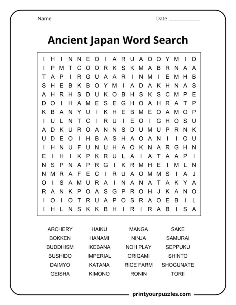 Medium Ancient Japan word search puzzle with grid and words like ninja, haiku, origami, and torii.