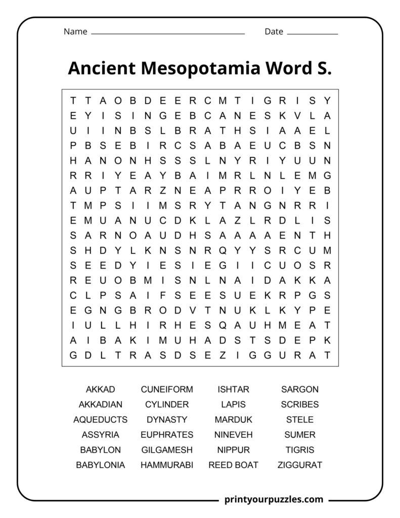 Medium Ancient Mesopotamia word search worksheet with terms like Akkad, Sumer, Ishtar, and Euphrates.
