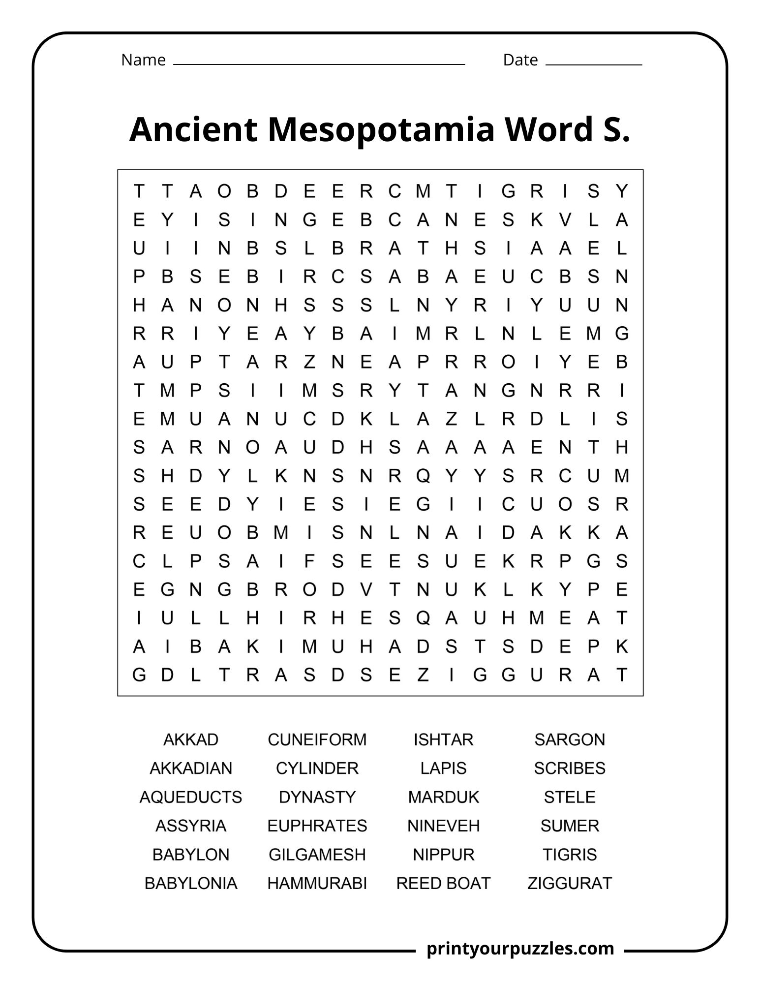Medium Ancient Mesopotamia word search worksheet with terms like Akkad, Sumer, Ishtar, and Euphrates.