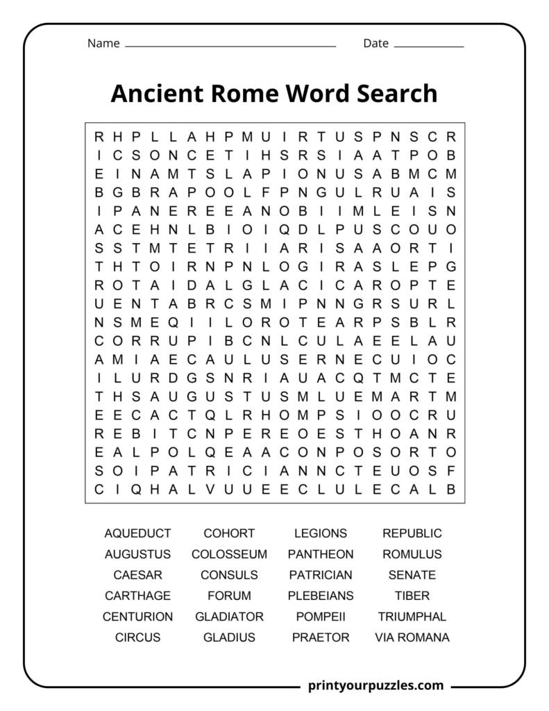 Hard Ancient Rome word search with large grid and terms like Caesar, Colosseum, Senate, and gladiator.