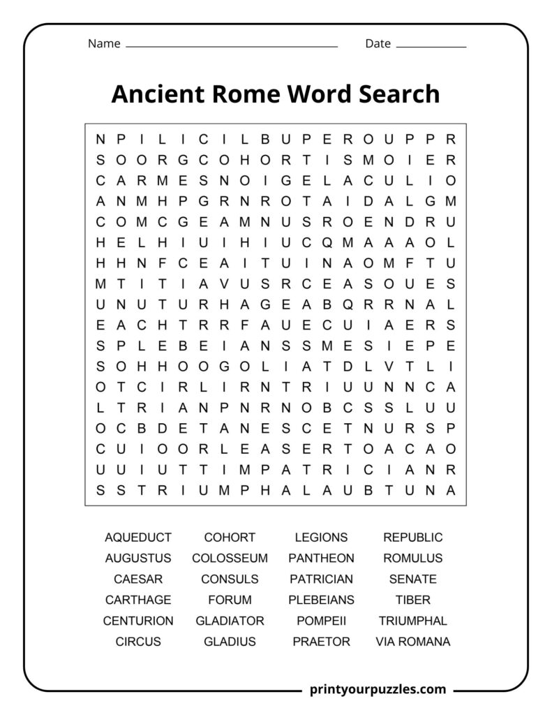 Medium Ancient Rome word search puzzle with grid and words like legion, forum, aqueduct, and republic.