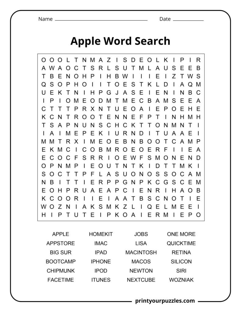 Hard Apple word search puzzle featuring iPhone, macOS, Siri, Macintosh, and Apple technology terms.