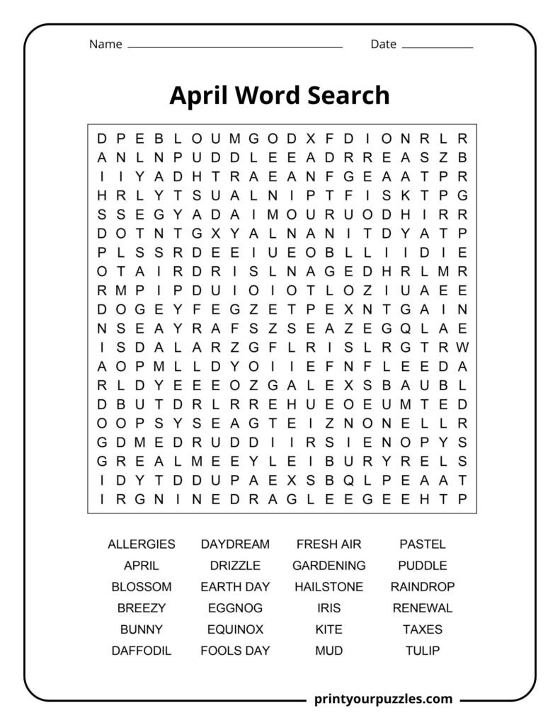 Hard April word search puzzle with spring vocabulary and seasonal printable classroom worksheet.
