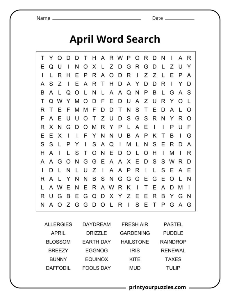 Medium April word search printable with spring-themed vocabulary and educational activity layout.