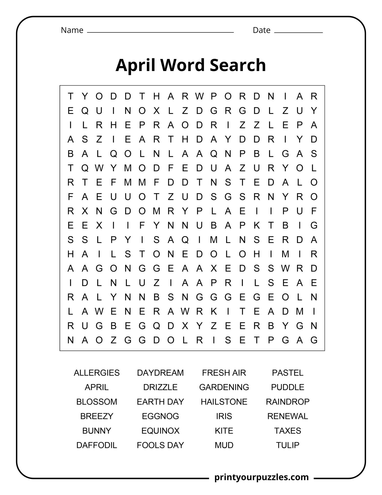 April Word Search | Print Your Puzzles