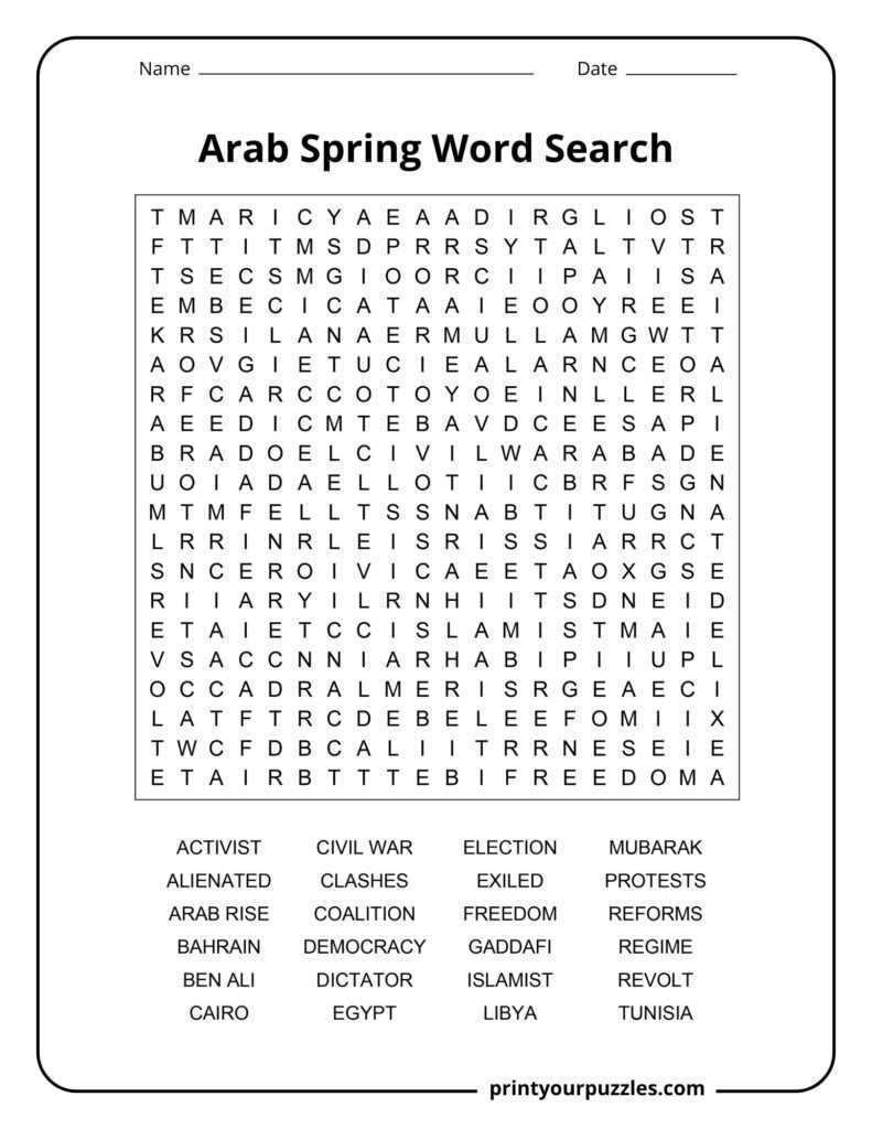 Hard Arab Spring word search puzzle with terms like Democracy, Gaddafi, Freedom, and Civil War.