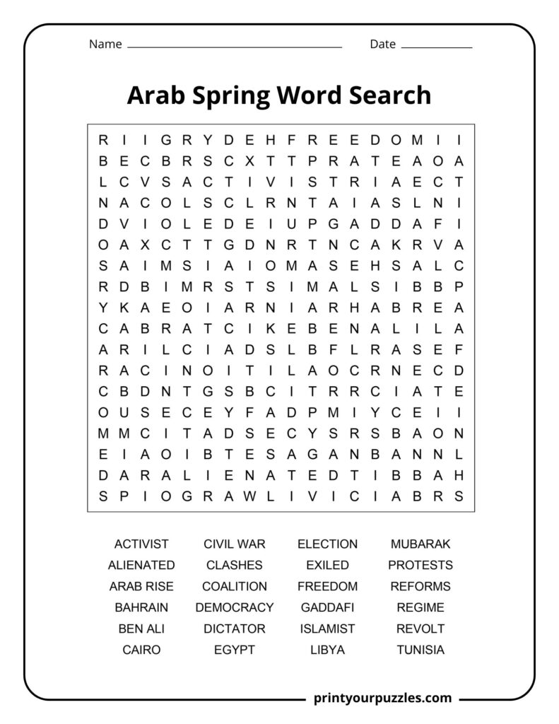Medium Arab Spring word search worksheet with terms such as Activist, Freedom, Libya, and Protests.