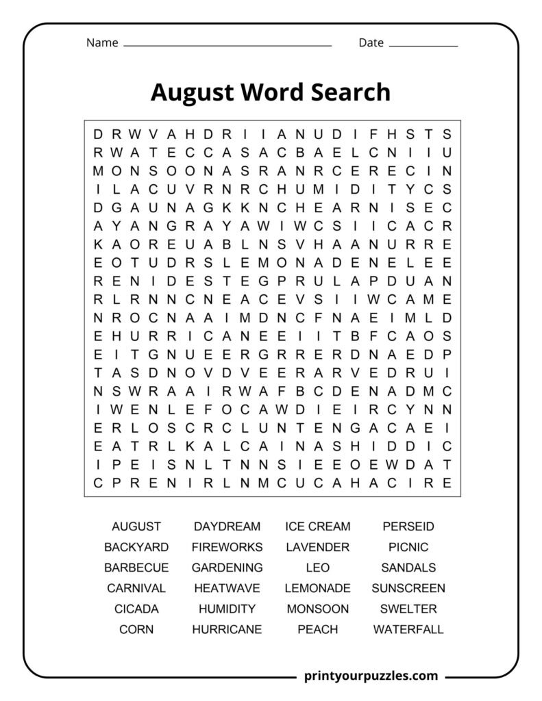 Hard August word search puzzle with late summer vocabulary in a printable educational worksheet.