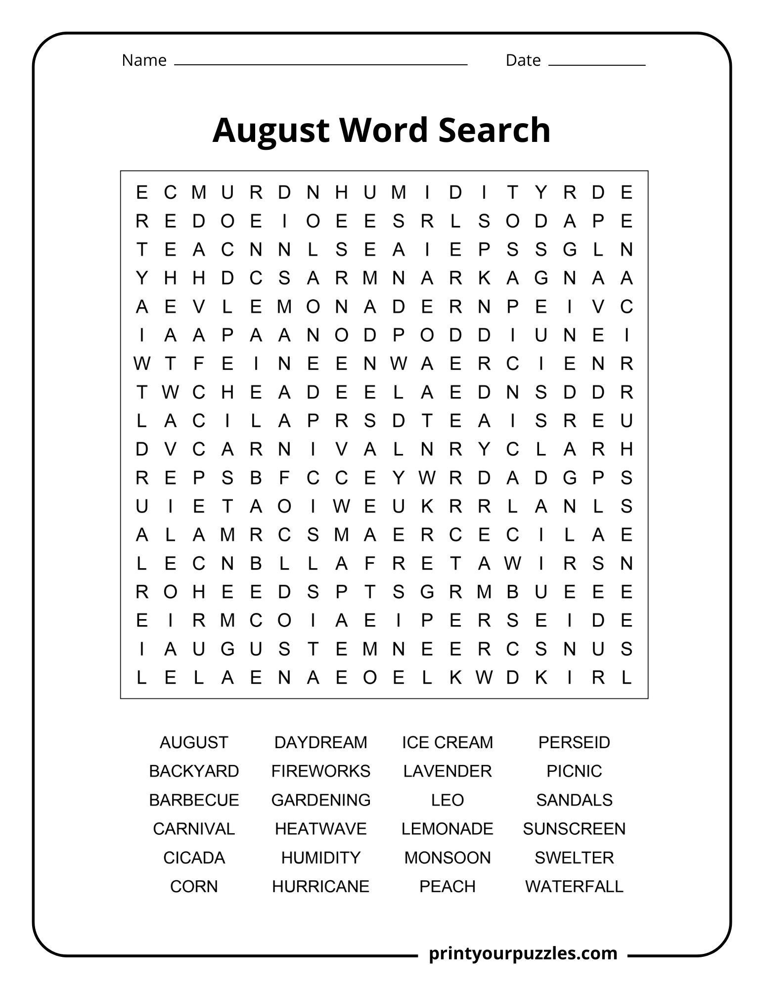 Medium August word search printable with summer weather vocabulary and classroom activity design.
