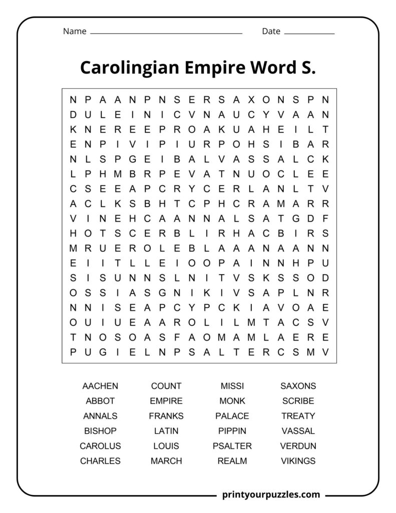 Medium Carolingian Empire word search worksheet with terms like Vassal, Aachen, Saxons, and Bishop.