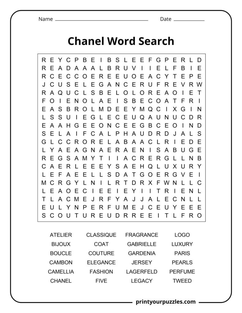 Hard Chanel word search puzzle featuring couture, perfume, elegance, Lagerfeld, and luxury fashion terms.