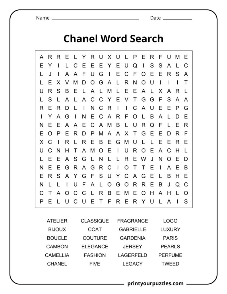 Medium Chanel word search puzzle with perfume, couture, pearls, elegance, and Paris fashion terms.