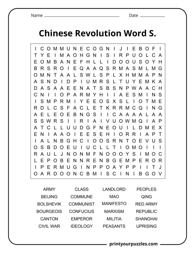 Hard Chinese Revolution word search puzzle with historical terms like Marxism, Shanghai, and Red Army.