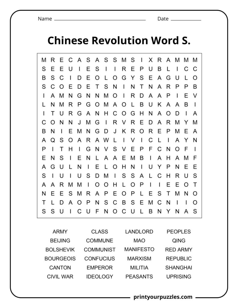Medium Chinese Revolution word search worksheet with history terms including Confucius, Communist, and Civil War.