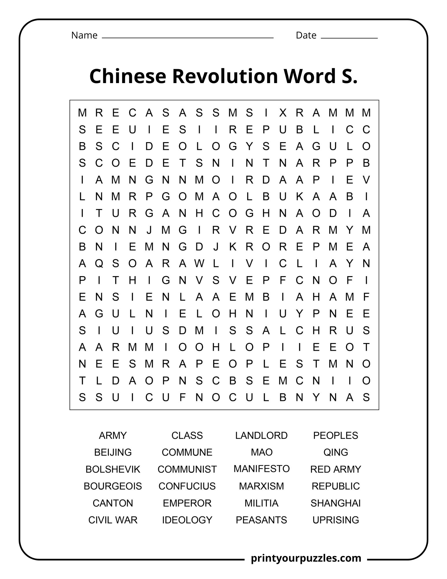 Medium Chinese Revolution word search worksheet with history terms including Confucius, Communist, and Civil War.