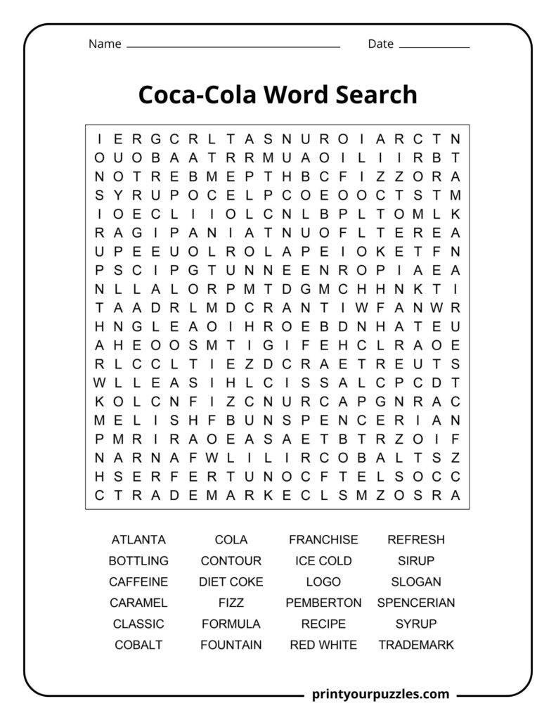 Hard Coca-Cola word search puzzle featuring soda branding, recipe terms, and Coca-Cola vocabulary.
