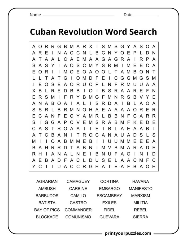Hard Cuban Revolution word search puzzle with terms like Marxism, Castro, Bay of Pigs, and Havana.