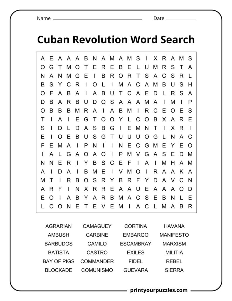 Medium Cuban Revolution word search worksheet with terms such as Batista, Rebel, Militia, and Guevara.