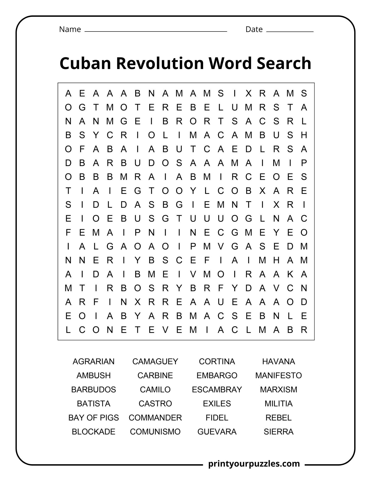 Medium Cuban Revolution word search worksheet with terms such as Batista, Rebel, Militia, and Guevara.