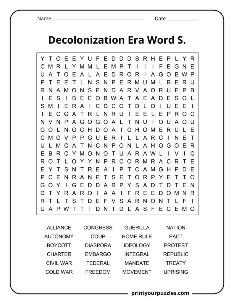Hard Decolonization Era word search with dense grid and terms like autonomy, freedom, protest, and nation.