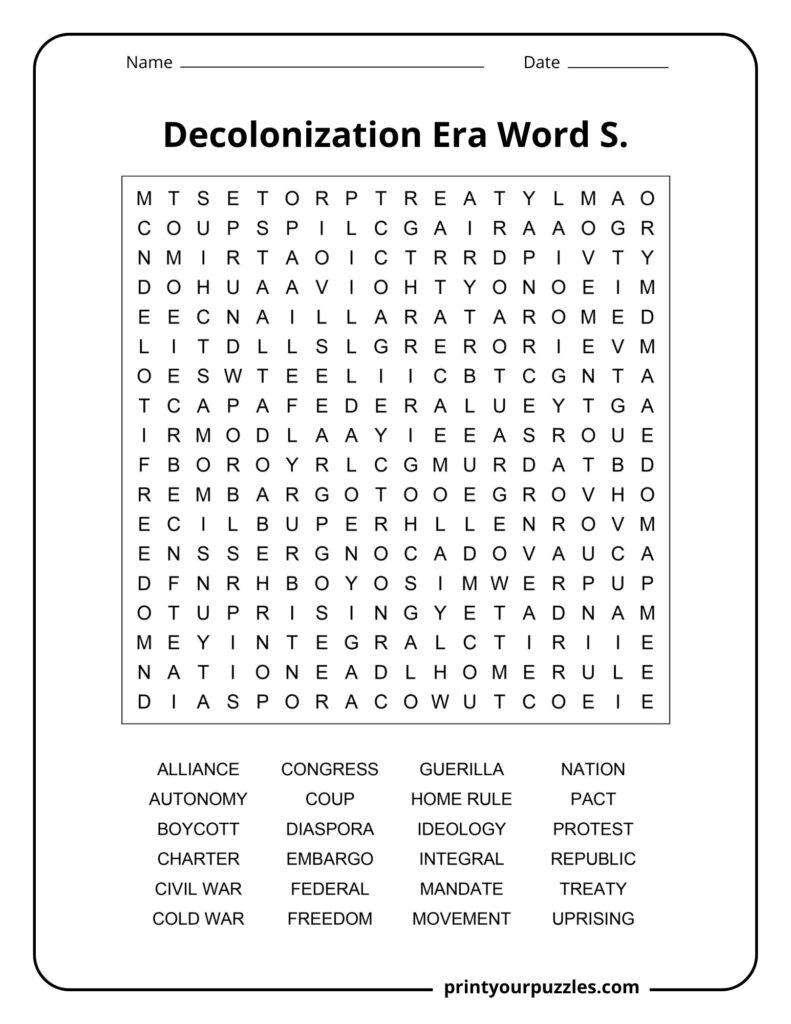 Medium Decolonization Era word search with words like treaty, republic, protest, autonomy, and freedom.