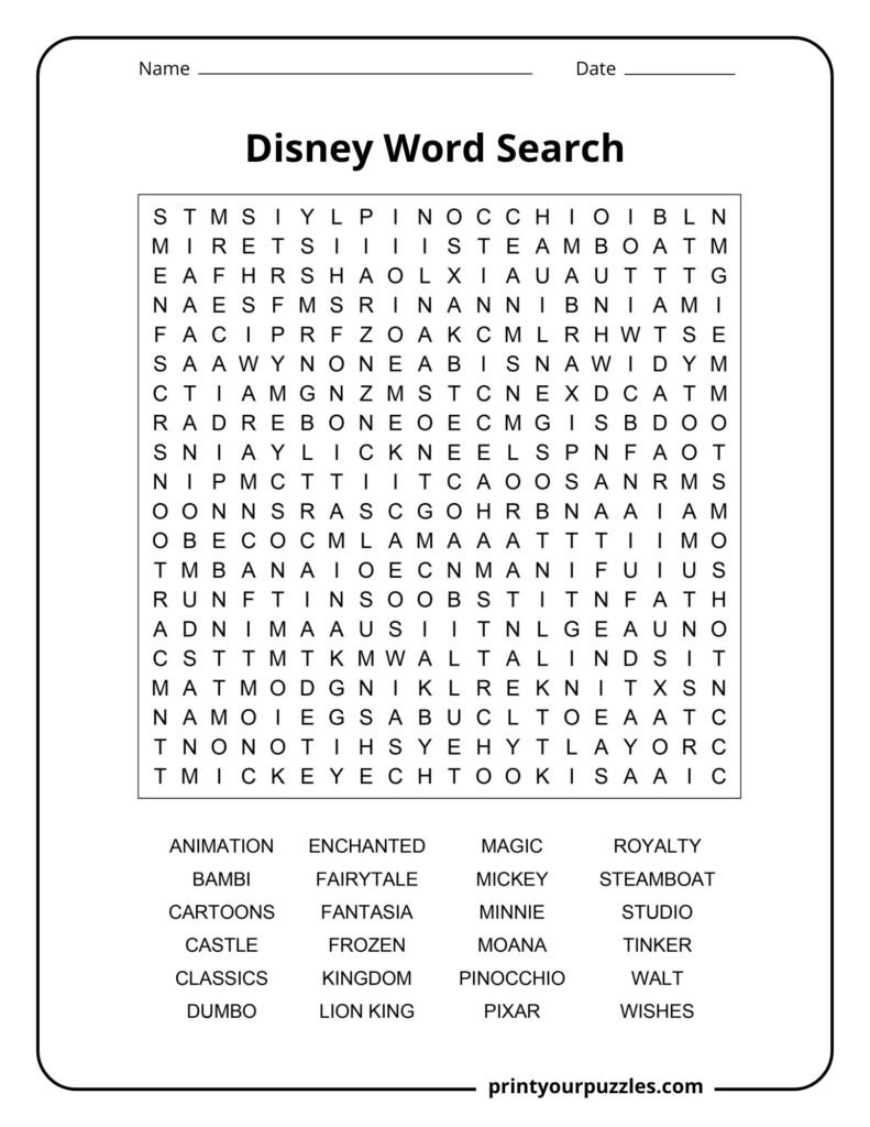 Hard Disney word search puzzle featuring Pixar, Mickey, princesses, castles, and classic Disney terms.