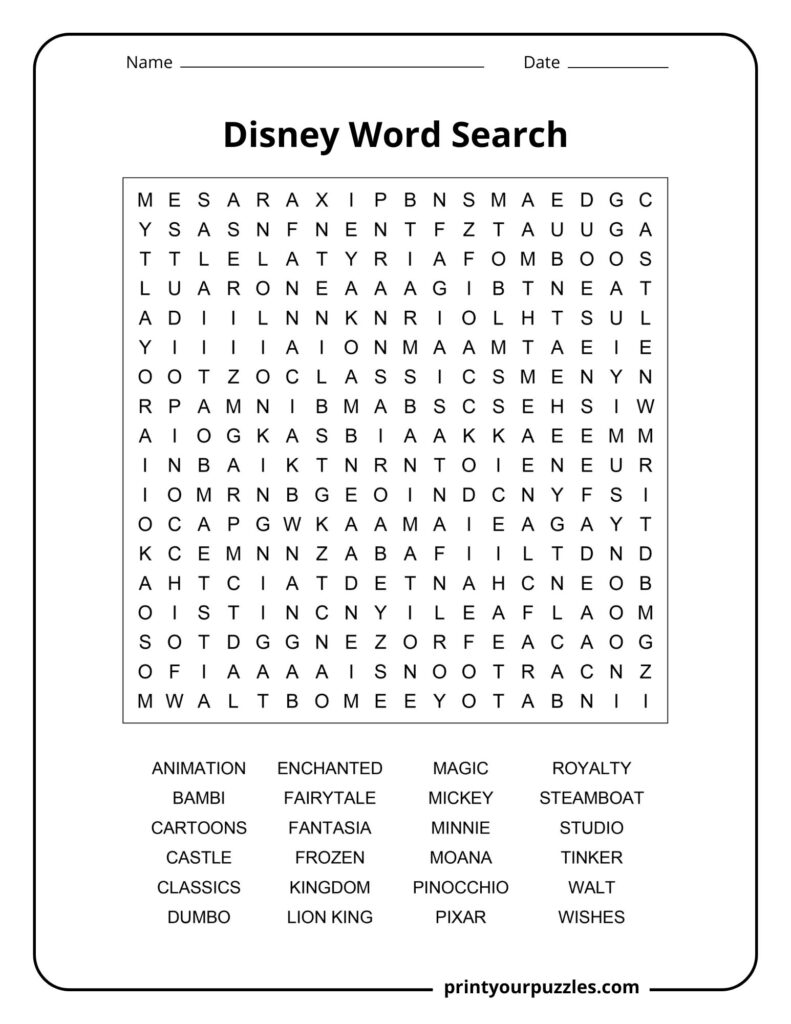Medium Disney word search puzzle with Mickey, Dumbo, fireworks, Pixar, and fantasy-themed vocabulary.