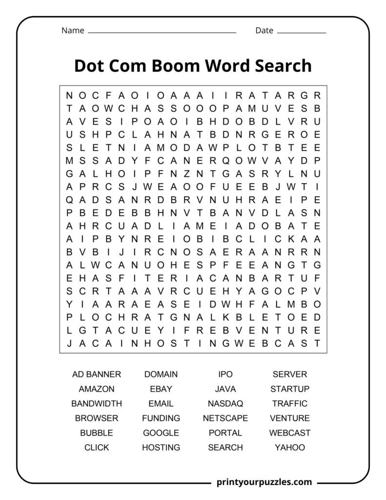 Hard Dot Com Boom word search puzzle with terms like Netscape, Nasdaq, Venture, and Hosting.