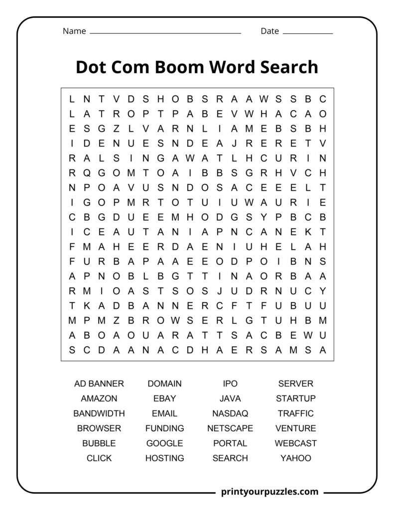 Medium Dot Com Boom word search worksheet with terms like Browser, Yahoo, Startup, and Search.