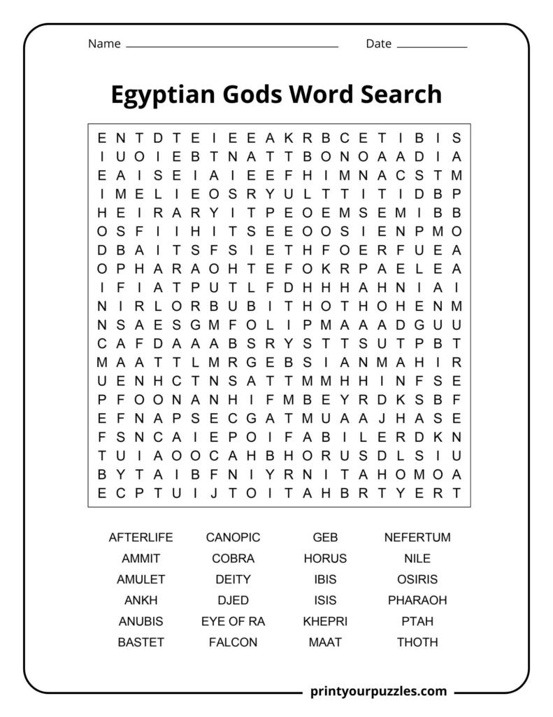 Hard Egyptian gods word search with dense grid and terms like Anubis, Osiris, Horus, Isis, and afterlife.