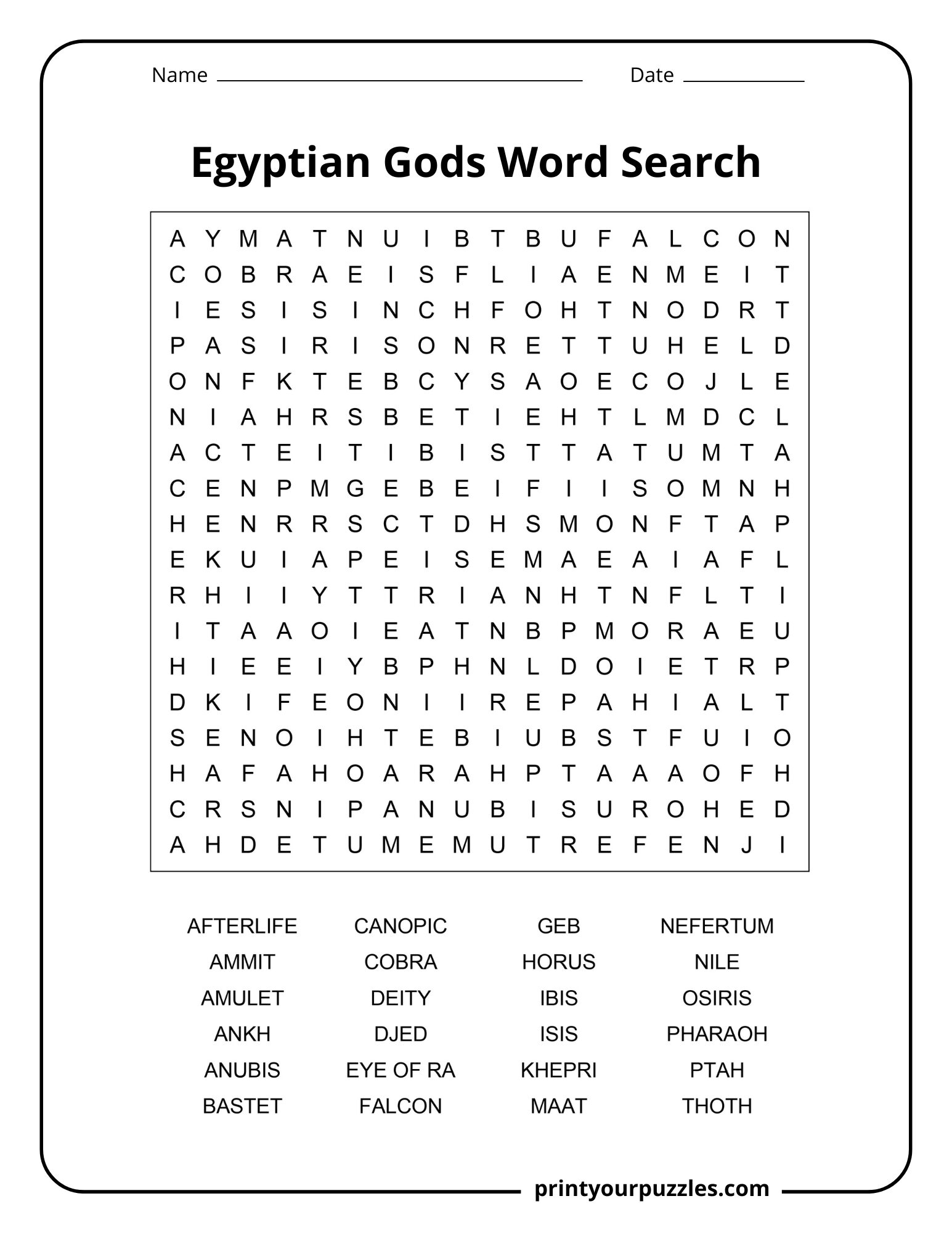 Medium Egyptian gods word search with words like Ankh, Isis, Horus, Nile, and pharaoh in a clear grid.