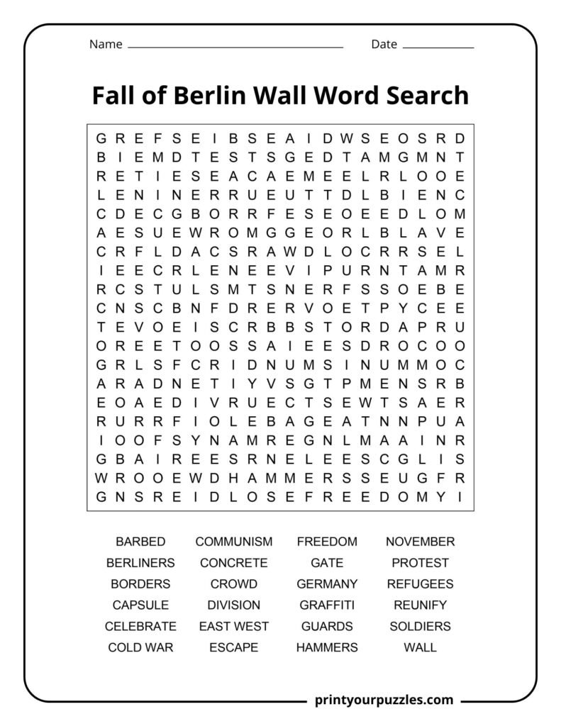 Hard Berlin Wall word search with dense grid and terms like Cold War, freedom, and reunify.