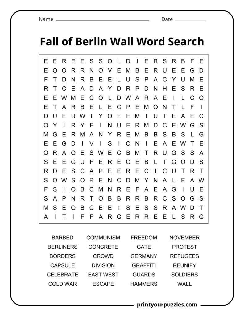 Medium Berlin Wall word search puzzle with words like Germany, protest, freedom, and wall.