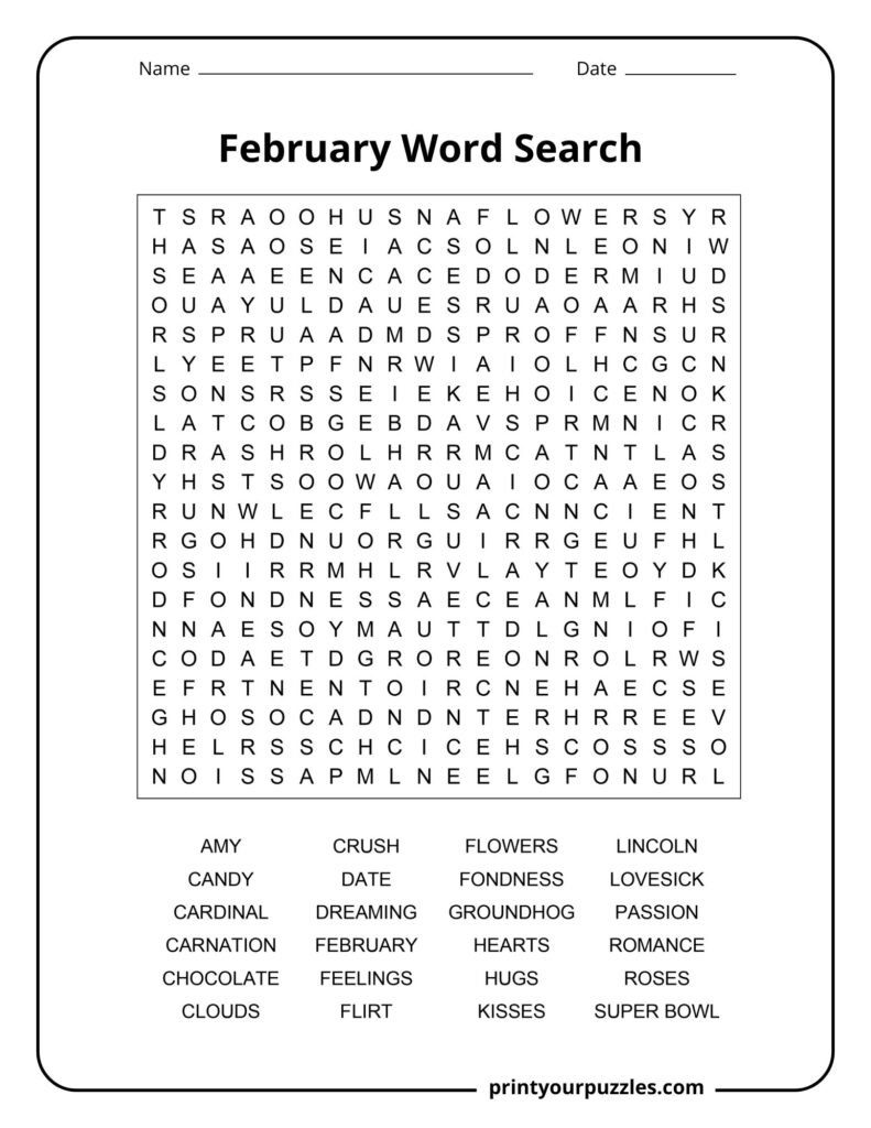 Hard February word search puzzle with Valentine and winter vocabulary in a printable activity sheet.