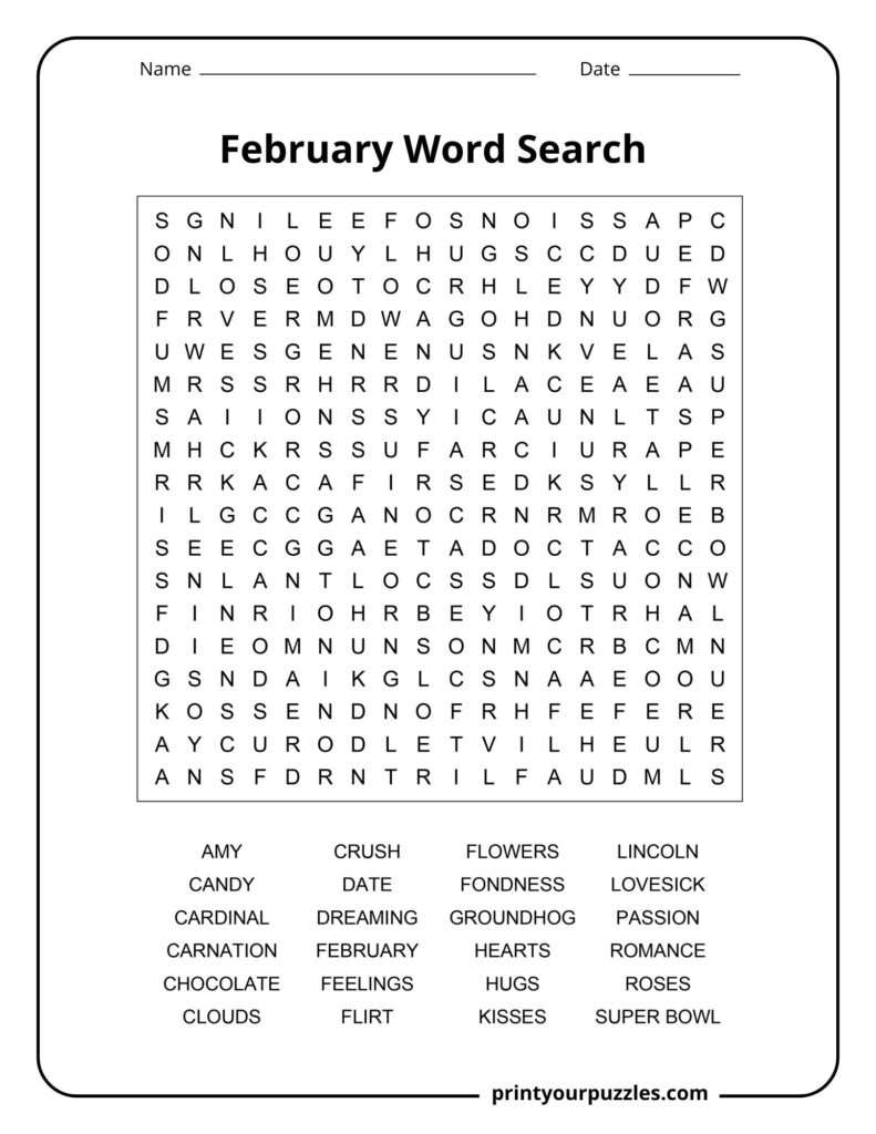 Medium February word search printable with Valentine-themed vocabulary and seasonal activity layout.