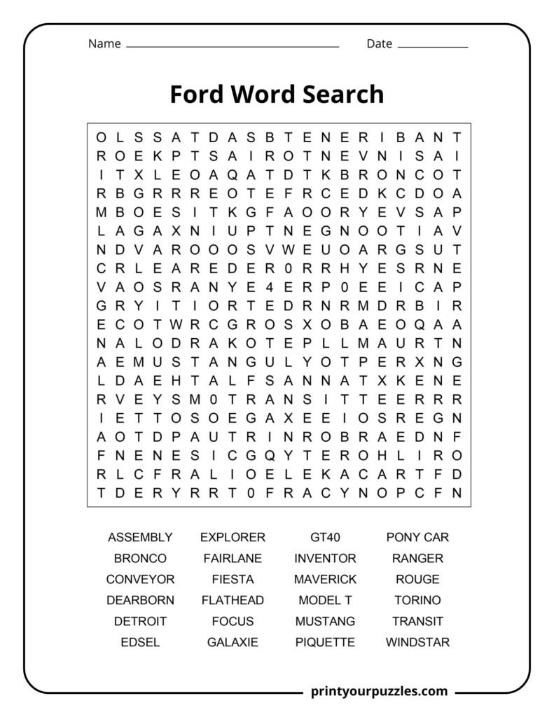 Hard Ford-themed word search puzzle featuring classic Ford vehicles, factories, and automotive terms.