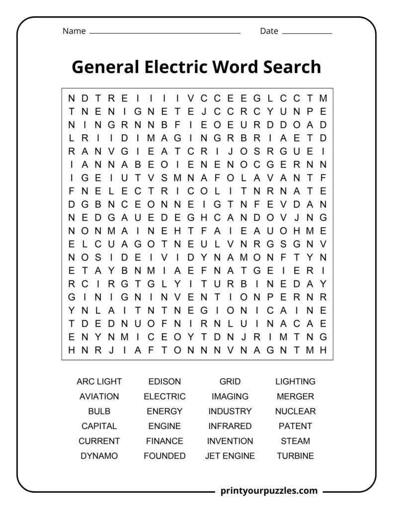 Hard General Electric word search puzzle with Edison, aviation, turbines, energy, and industry terms.