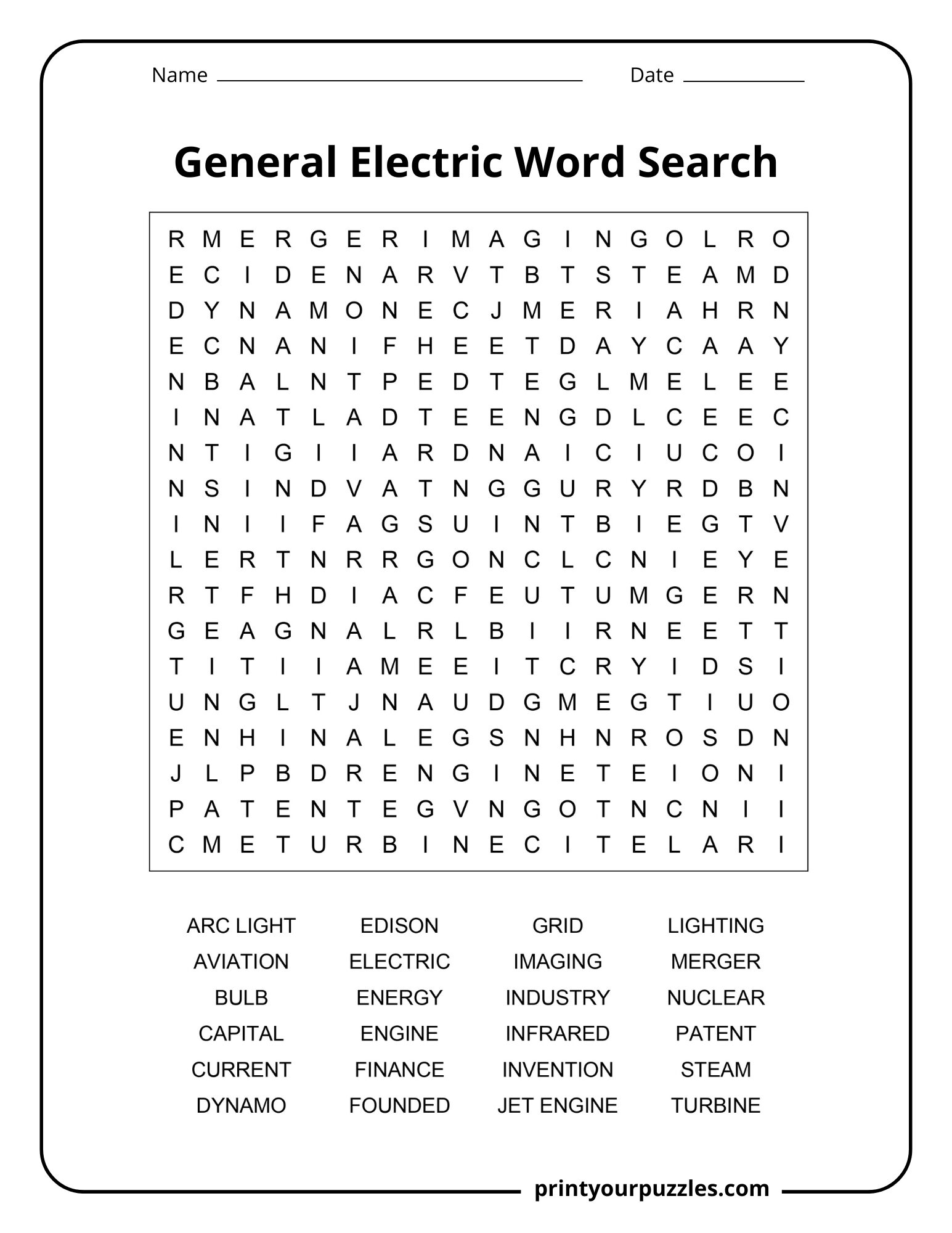 Medium General Electric word search puzzle featuring energy, engines, imaging, patents, and aviation terms.
