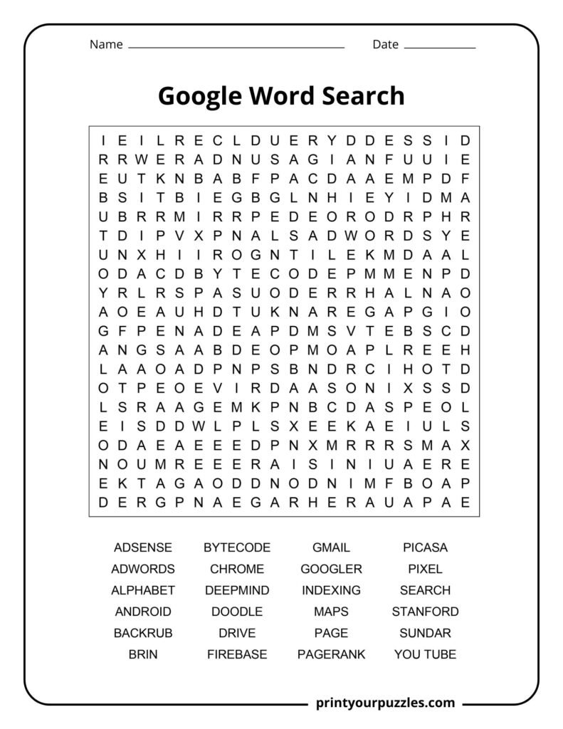 Hard Google word search puzzle featuring Android, Chrome, Gmail, PageRank, and DeepMind terms.