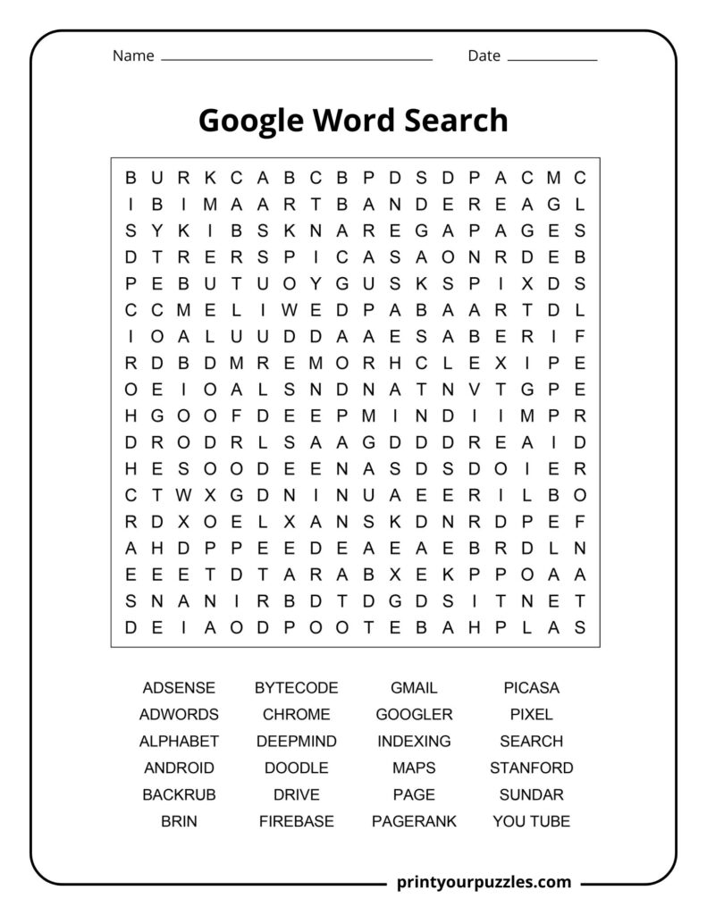 Medium Google word search puzzle with Chrome, Maps, Android, Pixel, YouTube, and Search keywords.