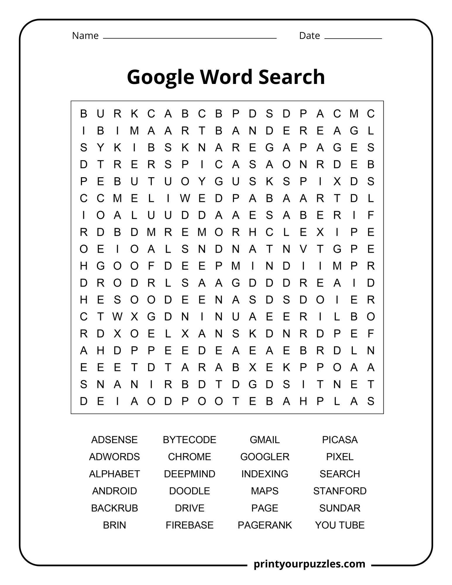 Medium Google word search puzzle with Chrome, Maps, Android, Pixel, YouTube, and Search keywords.
