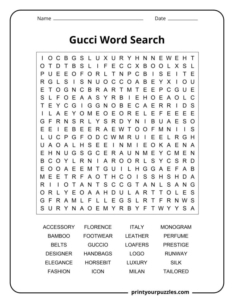 Hard Gucci word search puzzle featuring luxury fashion, handbags, horsebit, runway, and Milan terms.
