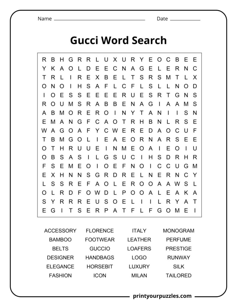 Medium Gucci word search featuring belts, loafers, fashion, prestige, luxury, and designer keywords.