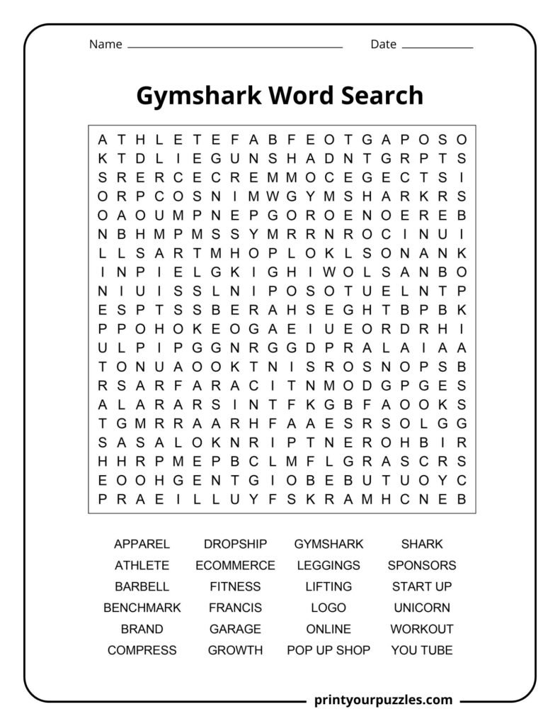 Hard Gymshark-themed word search puzzle featuring fitness apparel, workouts, and Gymshark-related vocabulary.