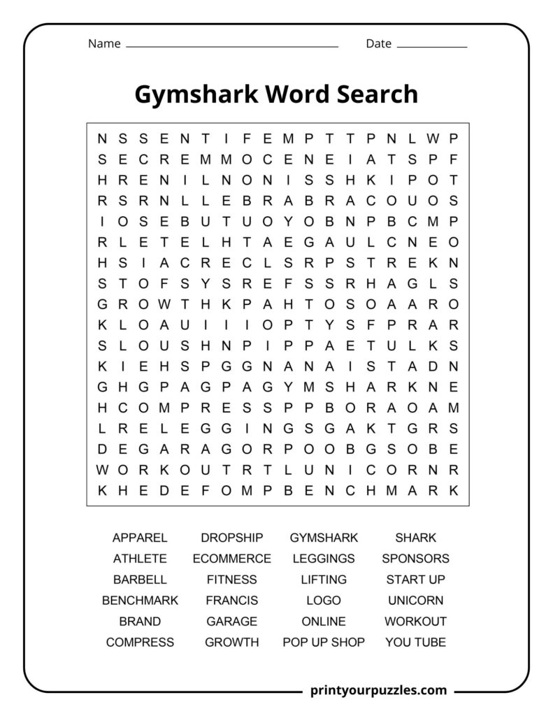 Medium Gymshark word search puzzle featuring fitness clothing, workout terms, and Gymshark vocabulary.