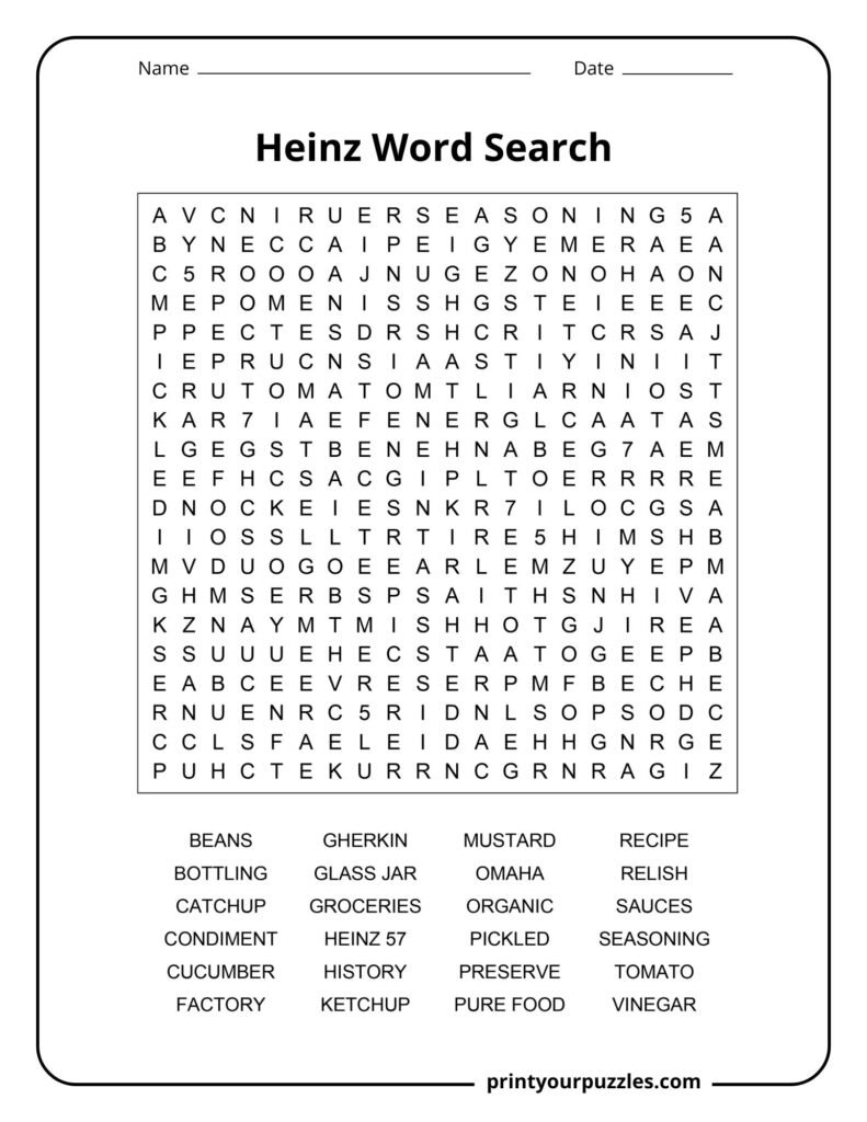 Hard Heinz-themed word search puzzle featuring ketchup, condiments, food terms, and Heinz-related vocabulary.