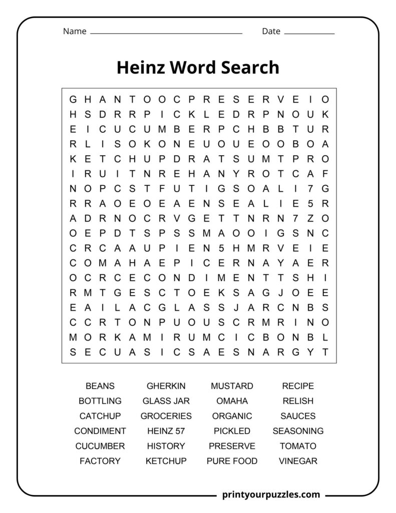Medium Heinz word search puzzle featuring ketchup, sauces, condiments, and Heinz food-related terms.